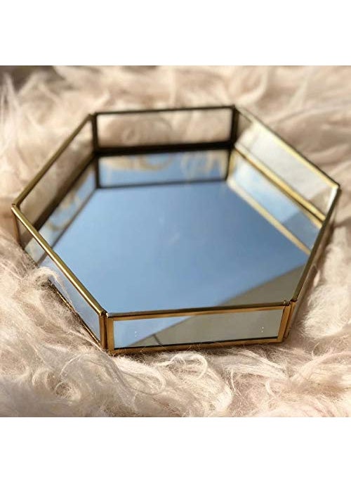ARTINCO ARTINCO Glass Tray with Mirror Base Glass Jewelry Tray Mirror Base Vanity Tray Home Table Decor Makeup Organizer Vanity Tray Gold 8x9x15  - Image 3