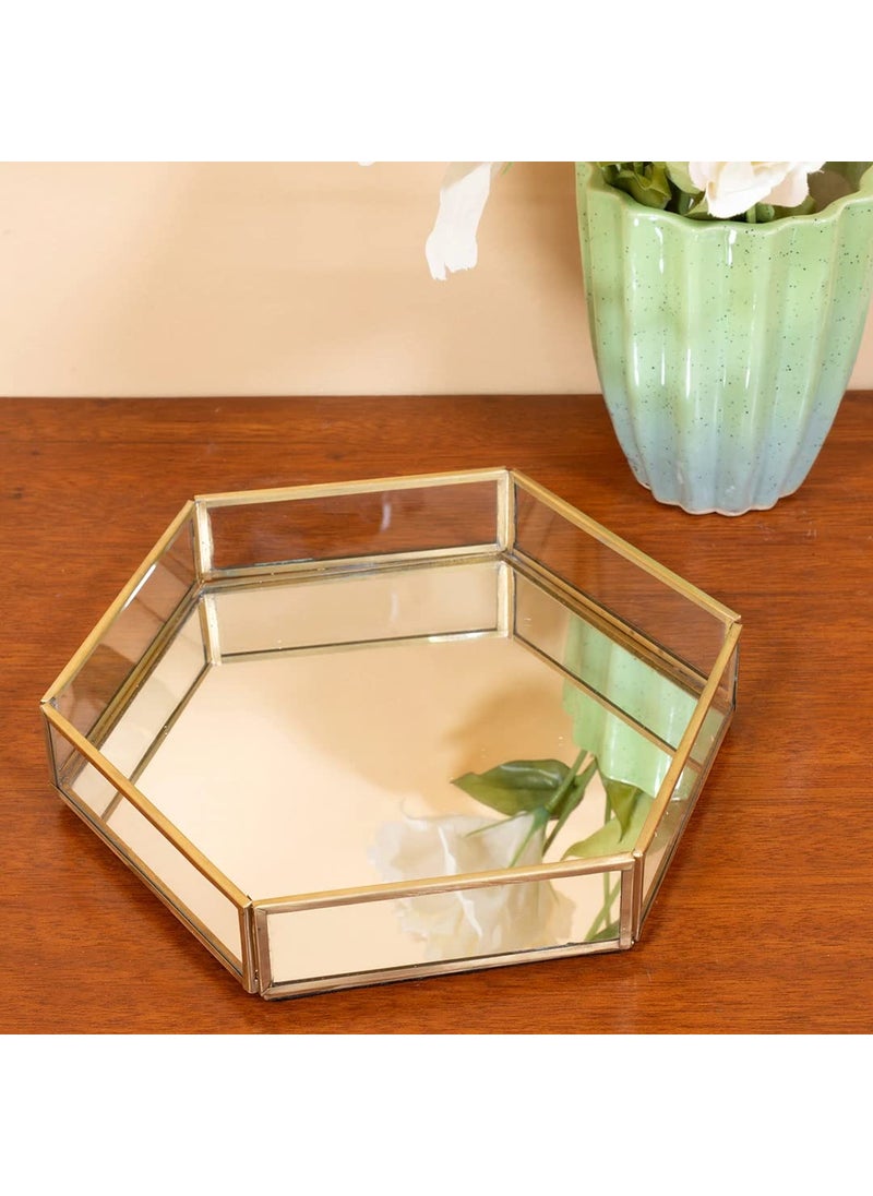 ARTINCO ARTINCO Glass Tray with Mirror Base Glass Jewelry Tray Mirror Base Vanity Tray Home Table Decor Makeup Organizer Vanity Tray Gold 8x9x15  - Image 5