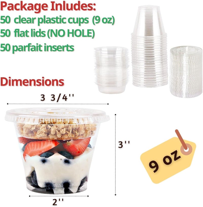 Aatriet 9 oz Clear Plastic Parfait Cups with Insert 3.25oz & Flat Lids No Hole - (50 Sets) Yogurt Fruit Parfait Cups for Kids, for Dips and Veggies, Take Away Breakfast and Snacks. No Leaking - Image 3