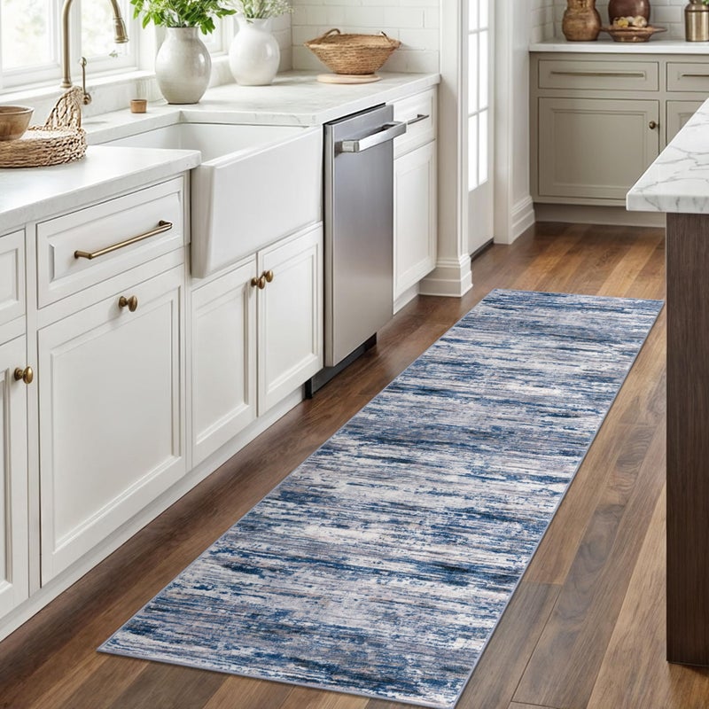 SIILOOM 2x6 Modern Abstract Runner Rug for Hallways, Navy Blue Gray Neutral Multi Super Soft Hallway Decor Kitchen Rugs with Non-Slip, Non-Shedding Washable Rug for Entryway Bedroom Indoor - Image 2