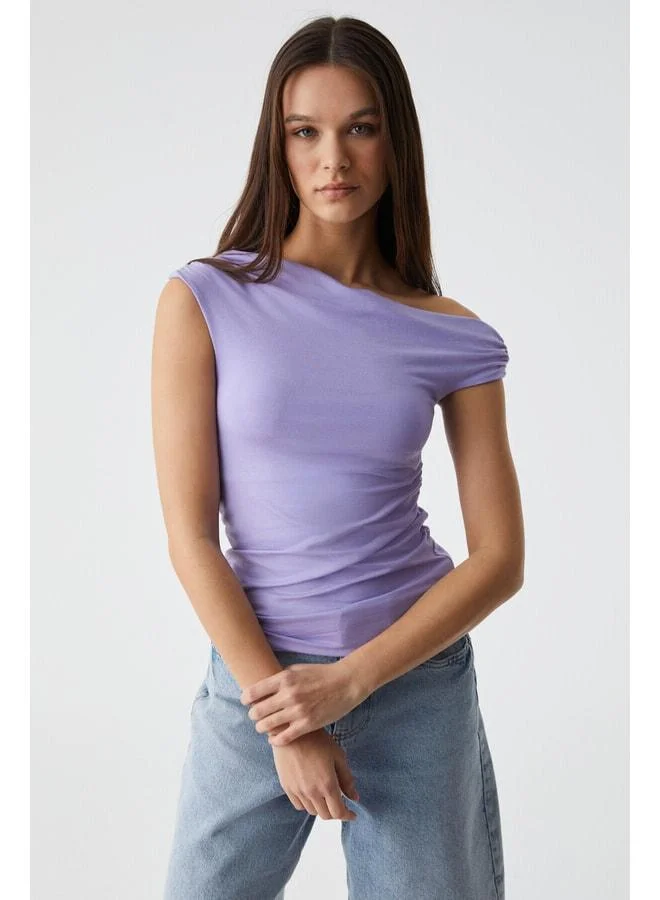 Grimelange STONEAK Women's Asymmetric Collar Slim Suprème Ruffle Detail Lilac Blouse.