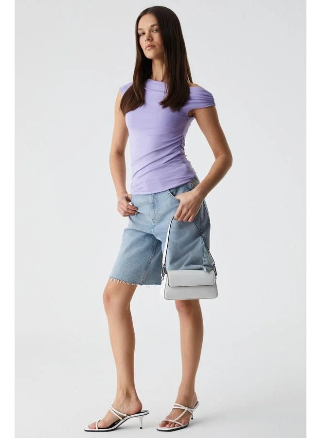 Grimelange STONEAK Women's Asymmetric Collar Slim Suprème Ruffle Detail Lilac Blouse.