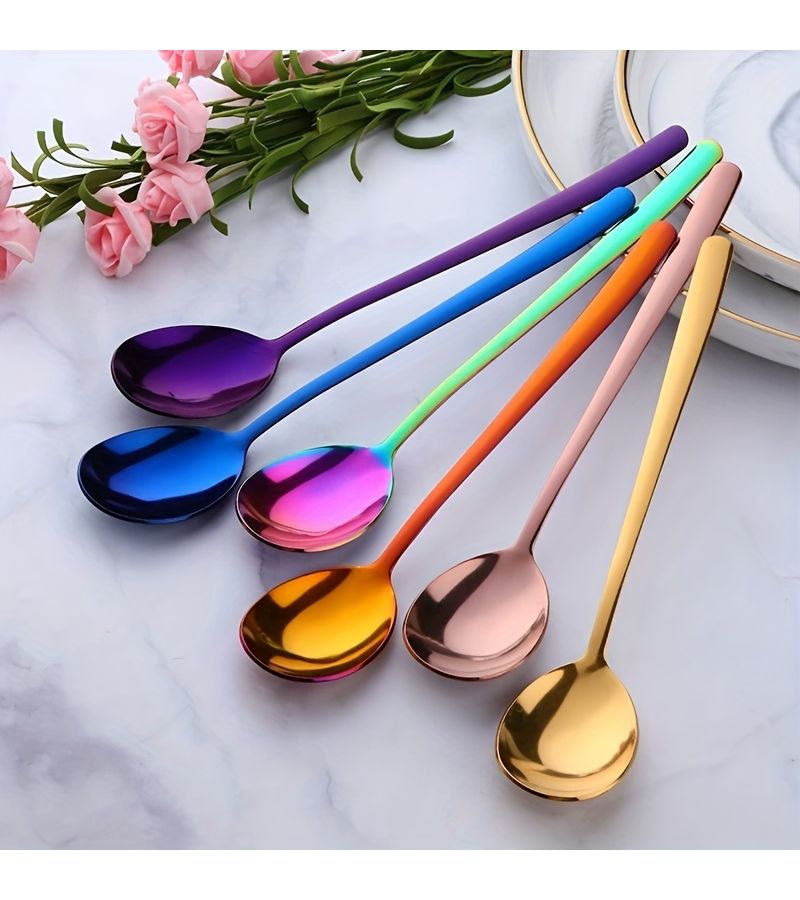 5pcs Colorful Spoons Stainless Steel Long Handled Mixing Spoons Set Dishwasher Safe - Image 1