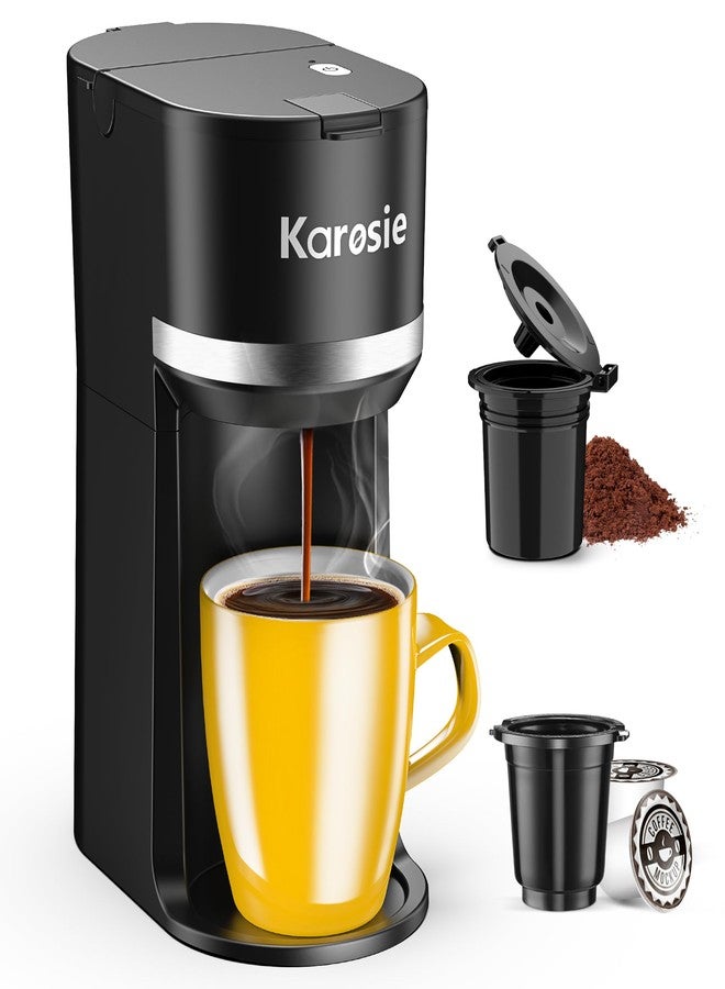 ماكينة تحضير القهوة كاروسي لكوب واحد، مناسبة لكبسولات K-Cup والقهوة المطحونة، تحضير سريع، أحجام تحضير من 6 إلى 12 أونصة، تناسب أكوابًا بحجم 5.5 بوصة، ماكينة قهوة صغيرة بزر واحد، مؤشر لإزالة الترسبات الكلسية، لون أسود، 9.45 بوصة - Image 1