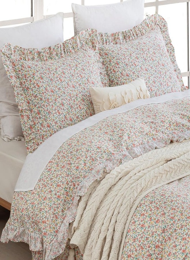 DAUAOTO Queen Size Ruffle Duvet Cover Set, 100% Cotton, Kids Teen Girls Duvet Cover 90"X90" + 2 Shams, Ditsy Floral Pattern Pink - Image 2