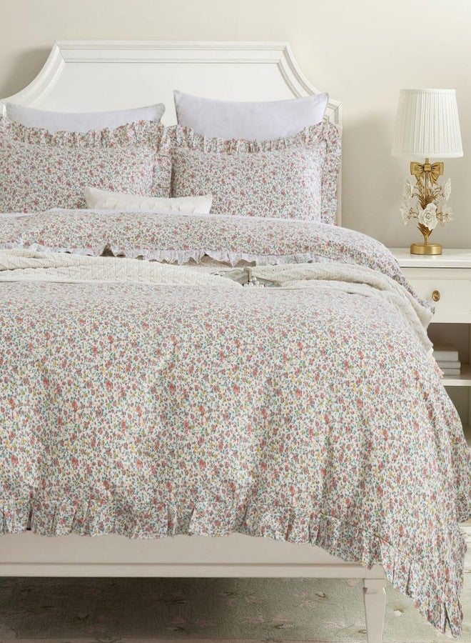 DAUAOTO Queen Size Ruffle Duvet Cover Set, 100% Cotton, Kids Teen Girls Duvet Cover 90"X90" + 2 Shams, Ditsy Floral Pattern Pink - Image 1