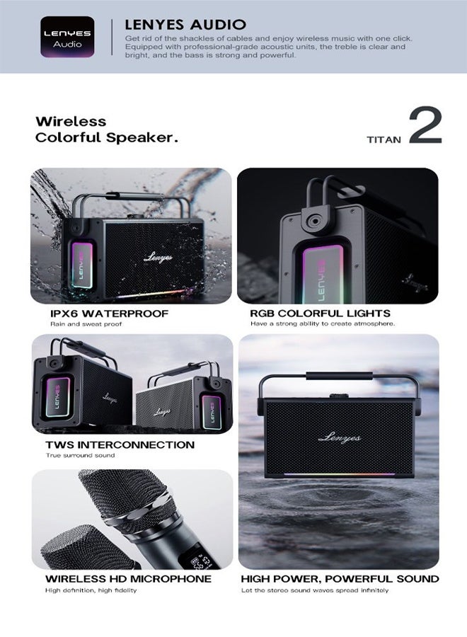 Lenyes Titan 2 Bluetooth Party Speaker | 200W Peak | 2 Wireless UHF Mics | RGB Lights | TWS Stereo | IPX6 Waterproof | 5000mAh Battery | AUX/USB/TF/OTG | Lenyes Audio App Support - Image 3