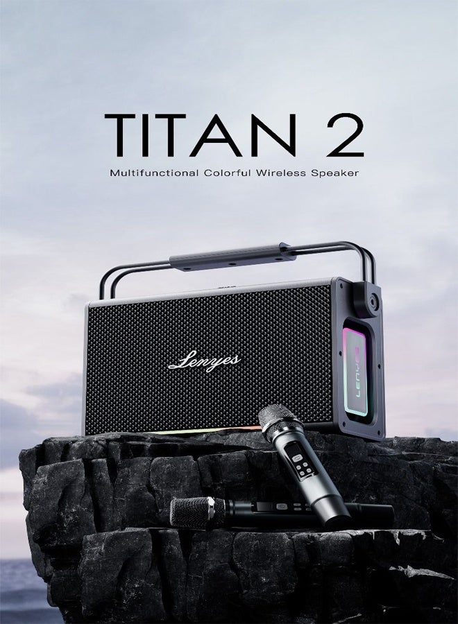 Lenyes Titan 2 Bluetooth Party Speaker | 200W Peak | 2 Wireless UHF Mics | RGB Lights | TWS Stereo | IPX6 Waterproof | 5000mAh Battery | AUX/USB/TF/OTG | Lenyes Audio App Support - Image 2