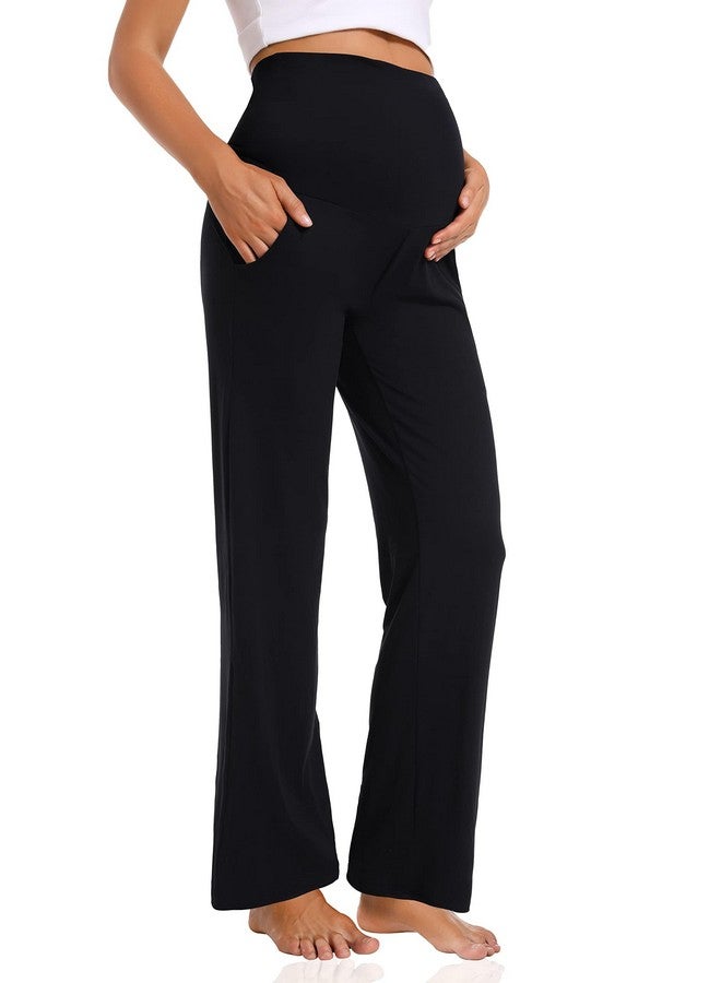 Foucome Women'S Maternity Pants Casual Loose Wide Leg Cozy Pant Pregnancy Palazzo Lounge Trousers With Pockets (Black, M) - Image 1