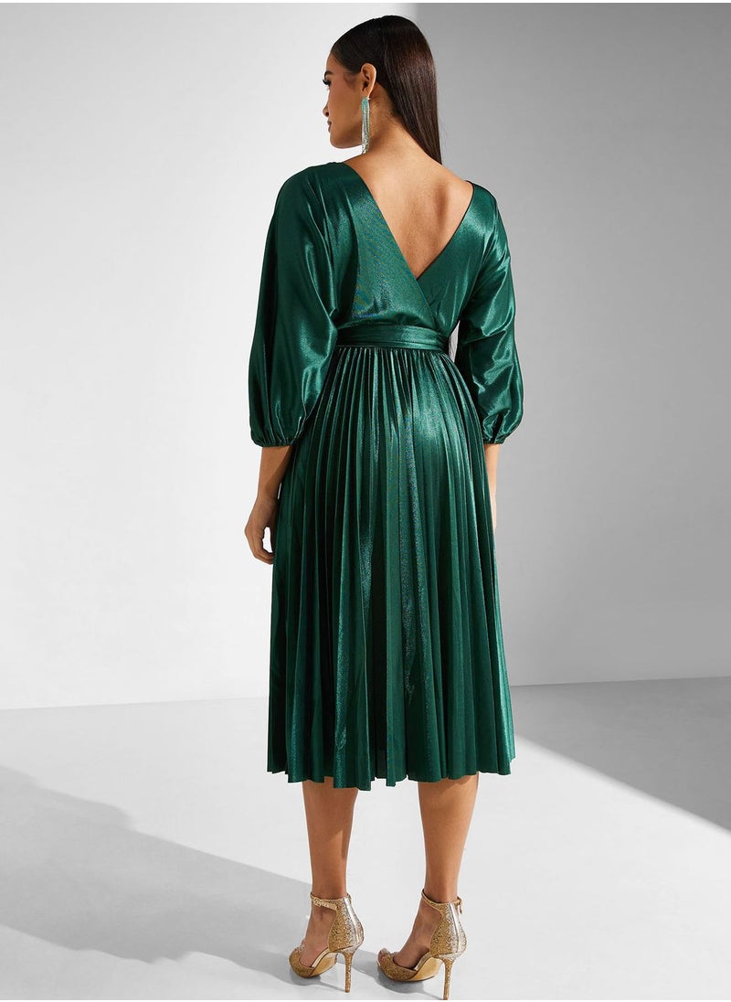 Goddiva - Tie Detailed Satin Pleated Dress - Image 1