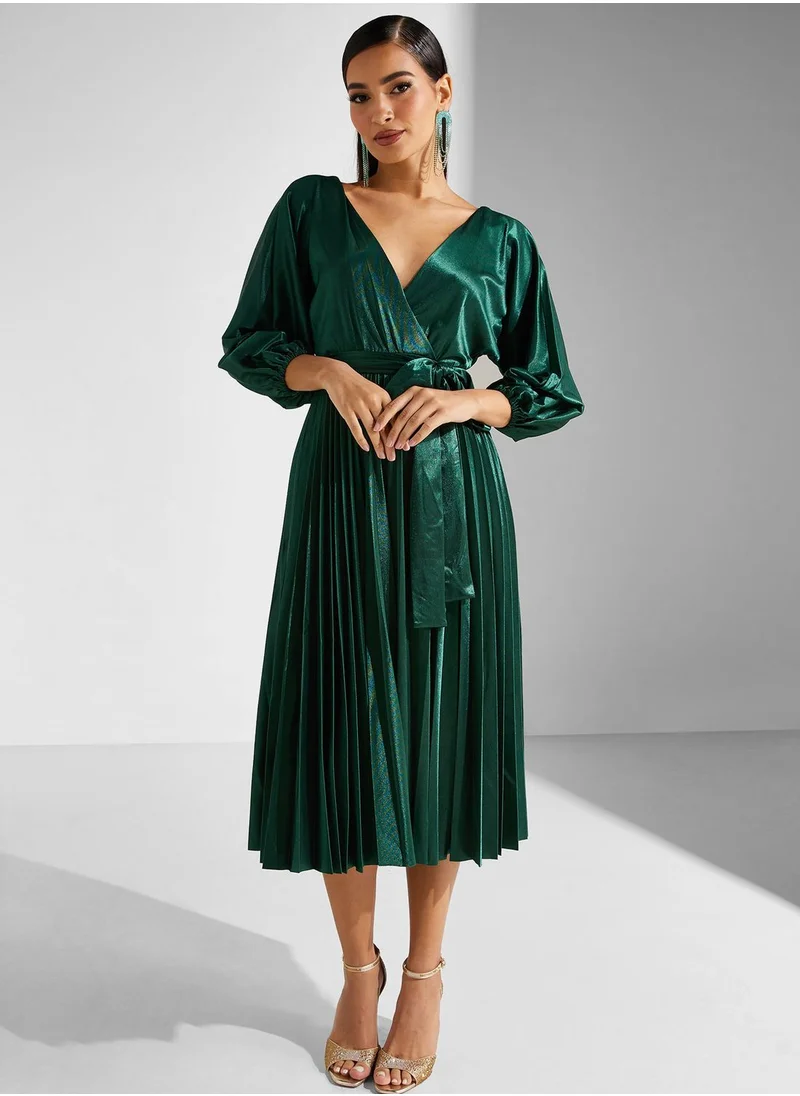 Goddiva Tie Detailed Satin Pleated Dress