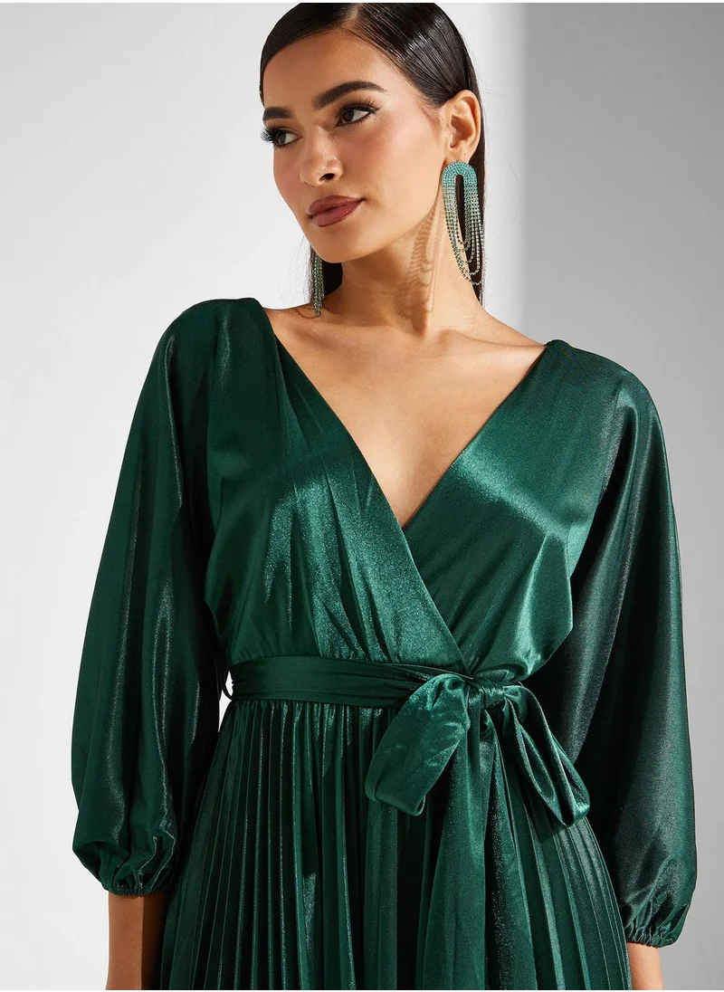 Goddiva Tie Detailed Satin Pleated Dress