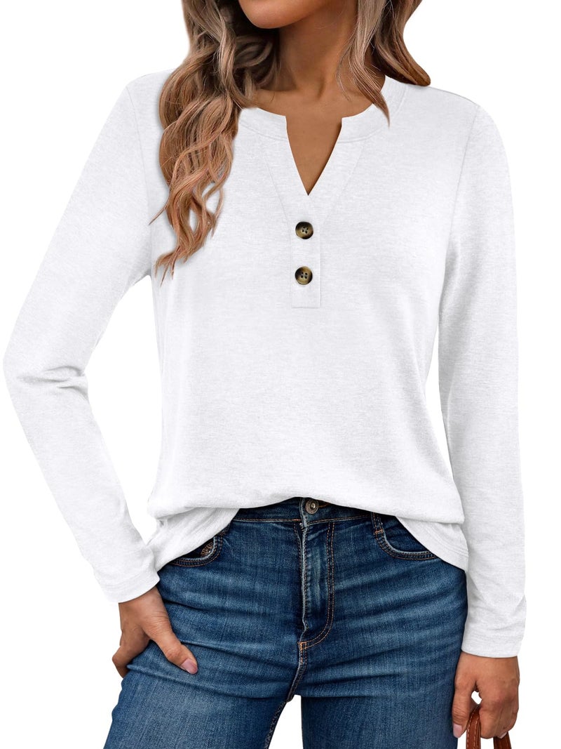 WYNNQUE Womens Long Sleeve Shirts Business Casual Outfits Dressy Tops Blouses Henley V Neck Fall Clothes White 2XL - Image 1
