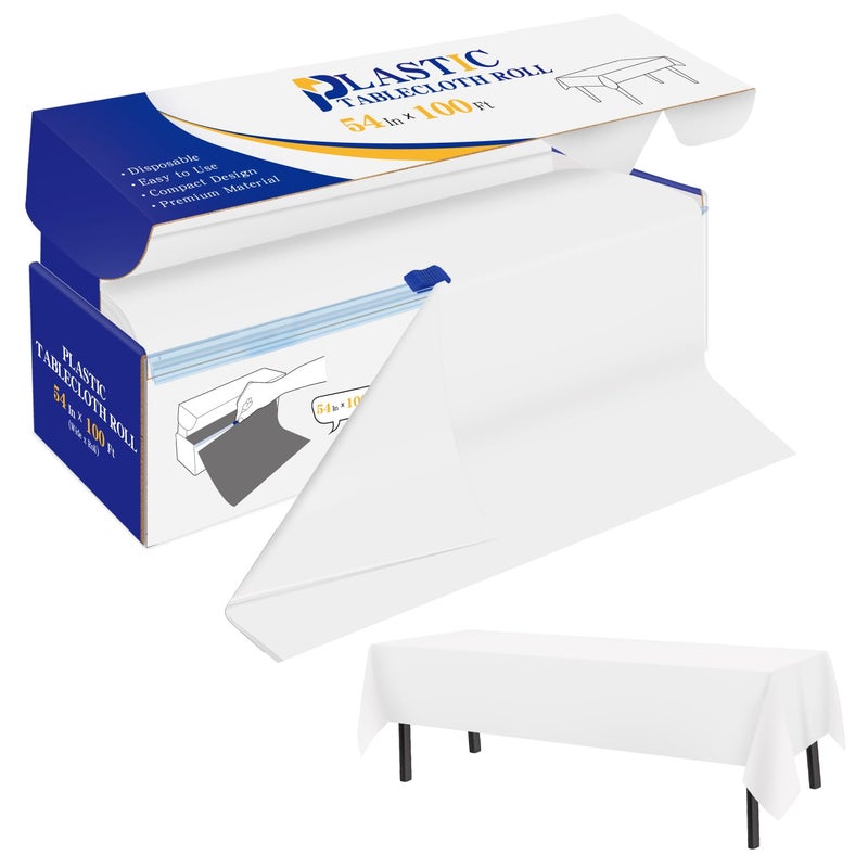 YSYJ Plastic Table Cover Roll White Disposable Table Cloth 54 in x 100 Ft Plastic Table Cloths with Slide Cutter Table Cover for Parties
