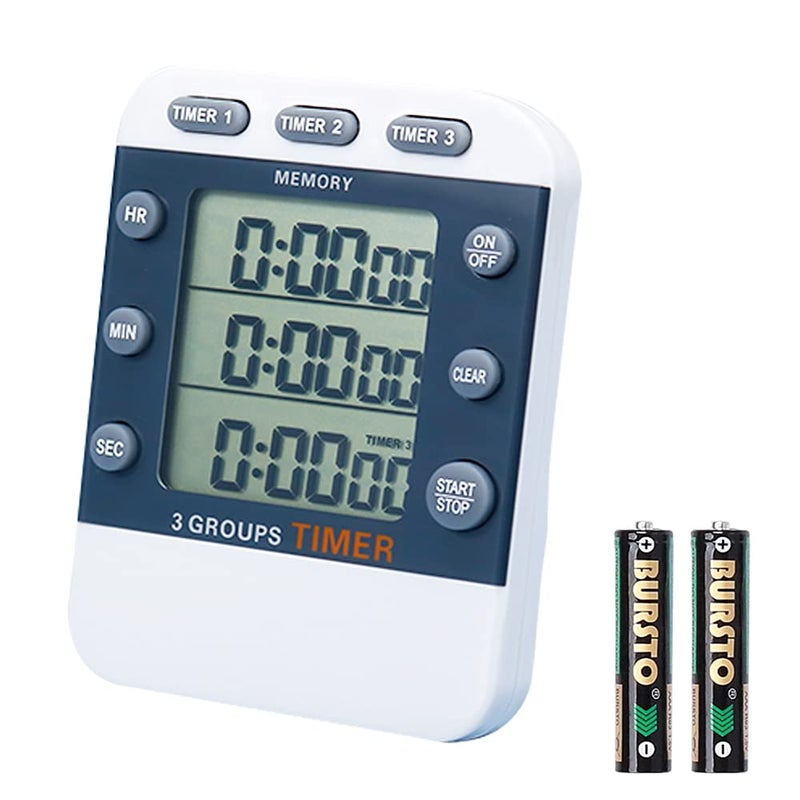 MOSTRUST Digital Dual Kitchen Timer 3 Channels Count UPDown Timer Triple Cooking Timer Large Display Loud Volume Alarm with Magnetic Back Stand Battery Included M382