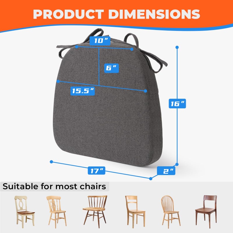 Sunsleek Sunsleek Chair Cushions for Dining Chairs  D-Shaped Seat Cushions with Removable Washable Cover and Ties  Chair Pads for Kitchen  Indoor Dining Room  Patio Chairs  17'' x 16''  Set of 6  Dark Grey - Image 2