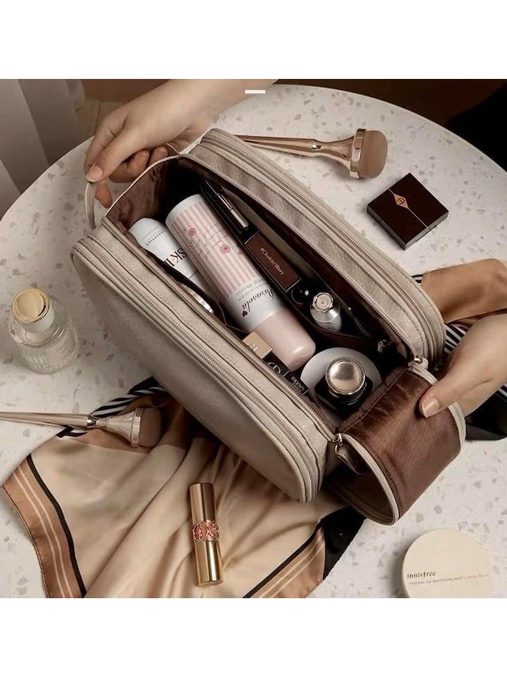 SYOSI Large Capacity Travel Makeup Bag, Portable Toiletry Cosmetic Bag, Makeup Case Organizer with Dividers and Handle, Waterproof Leather Skincare Bag for Women, Makeup Storage Bag for Daily Use - Image 2