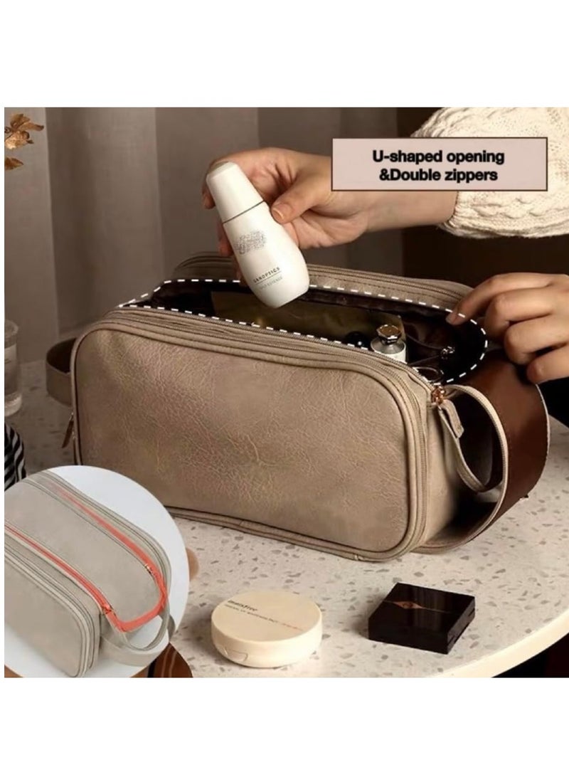 SYOSI Large Capacity Travel Makeup Bag, Portable Toiletry Cosmetic Bag, Makeup Case Organizer with Dividers and Handle, Waterproof Leather Skincare Bag for Women, Makeup Storage Bag for Daily Use - Image 4