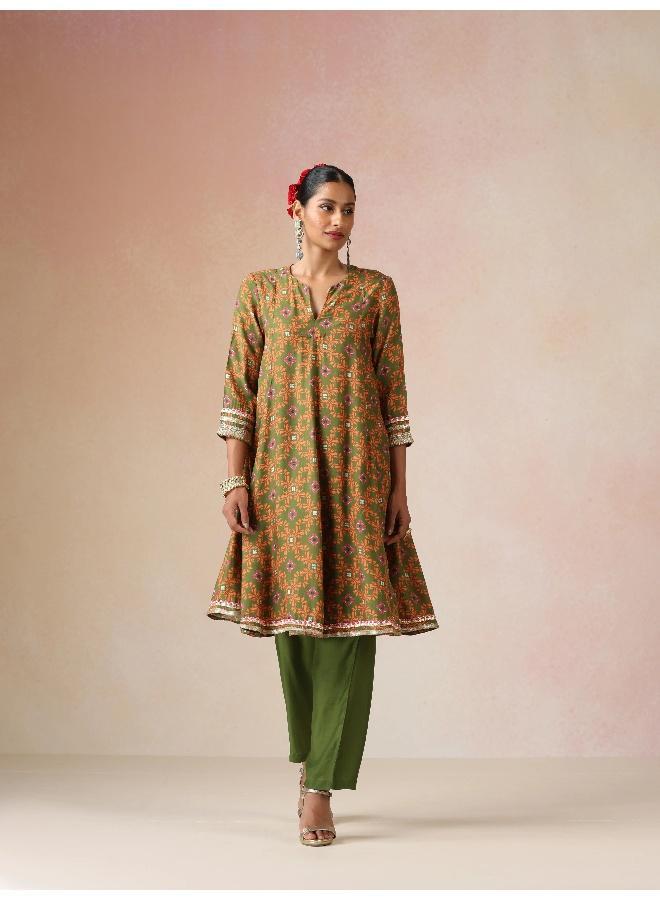 trueBrowns Dark Green Orange Jaal Print Viscose Flared Kurta Co-ord Set - Image 2