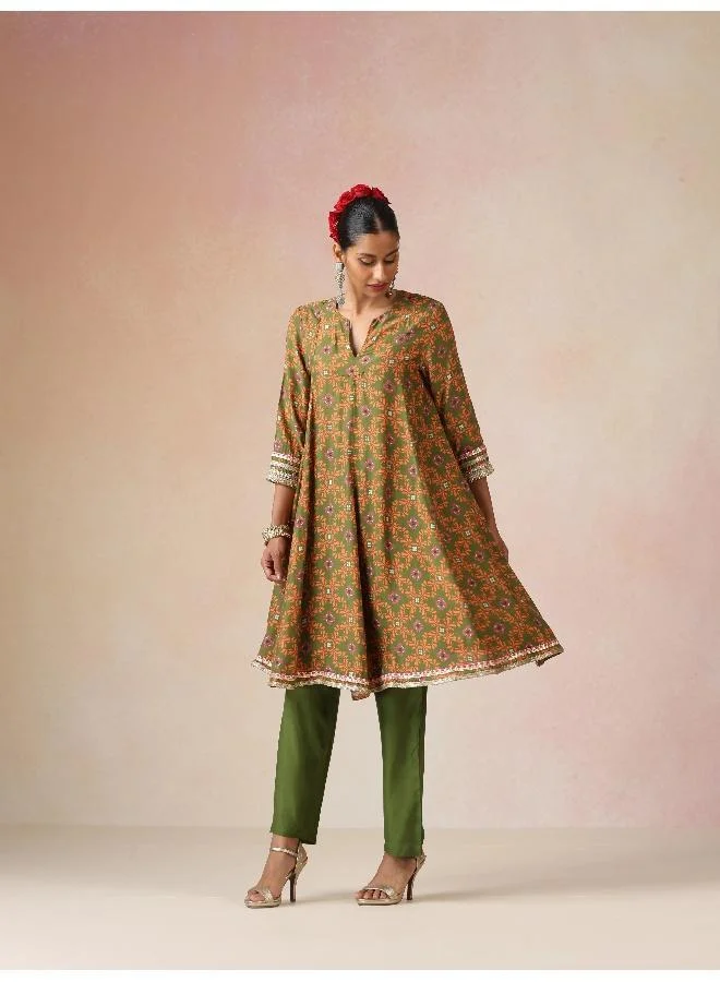 trueBrowns  trueBrowns Dark Green Orange Jaal Print Viscose Flared Kurta Co-ord Set for Women | Best Price UAE