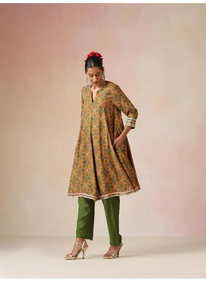 trueBrowns  trueBrowns Dark Green Orange Jaal Print Viscose Flared Kurta Co-ord Set for Women | Best Price UAE