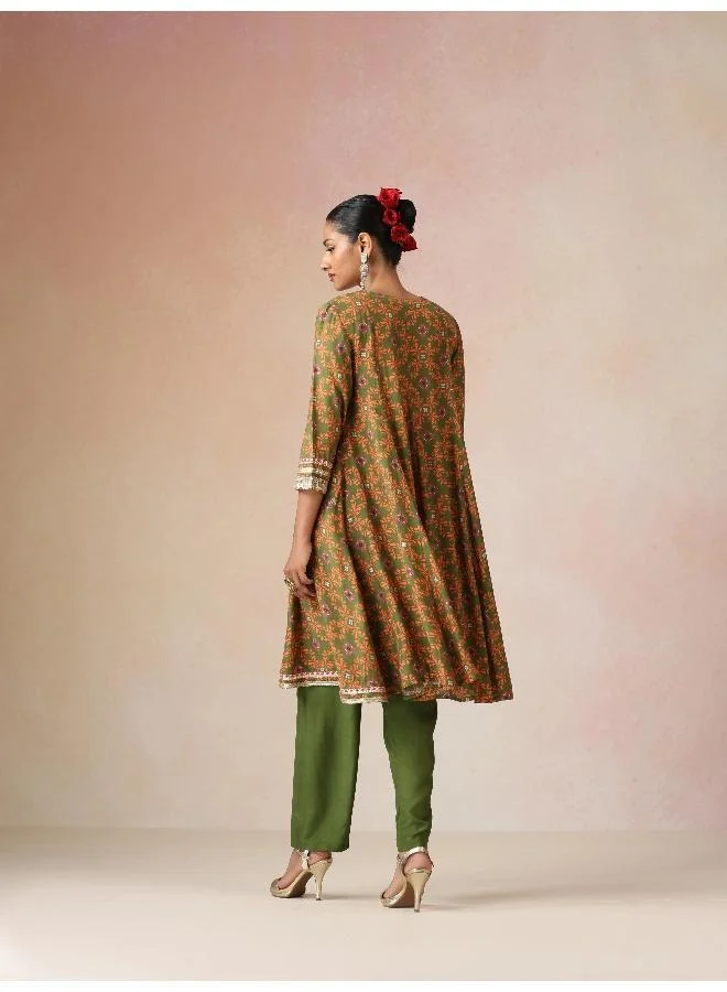 trueBrowns  trueBrowns Dark Green Orange Jaal Print Viscose Flared Kurta Co-ord Set for Women | Best Price UAE