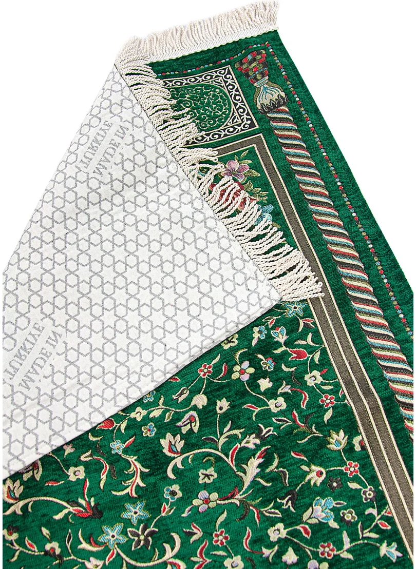 İhvan Online Ihvan Online Green Floral Ravza Patterned Lined Chenille Prayer Rug