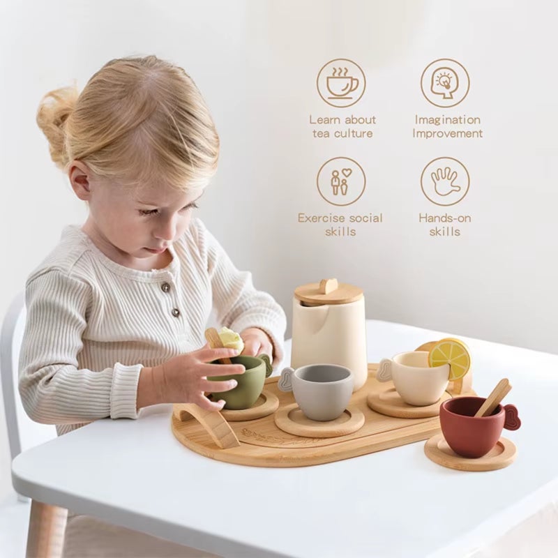 Children's wooden tray silicone tea set, role-playing kitchen toys - Image 3