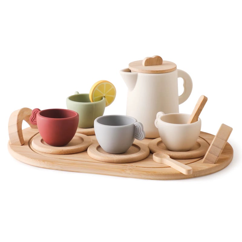 Children's wooden tray silicone tea set, role-playing kitchen toys - Image 1