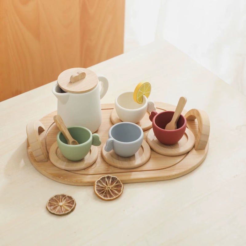 Children's wooden tray silicone tea set, role-playing kitchen toys - Image 4