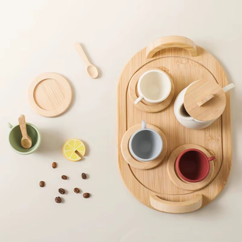 Children's wooden tray silicone tea set, role-playing kitchen toys - Image 5