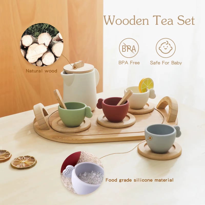 Children's wooden tray silicone tea set, role-playing kitchen toys - Image 2