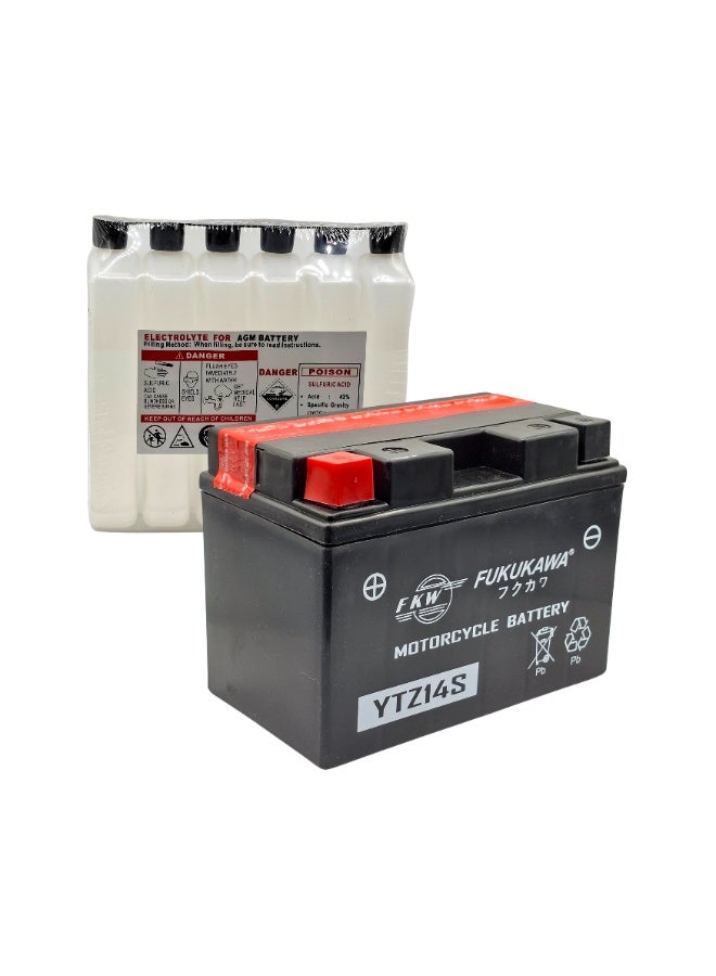 Fukukawa YTZ14S 12V 14Ah Motorcycle Battery with 6 Electrolyte Packs | User-Activated Lead Acid Battery 230 CCA | Reliable Compact Power for Motorcycles, Scooters, and ATVs - Image 1