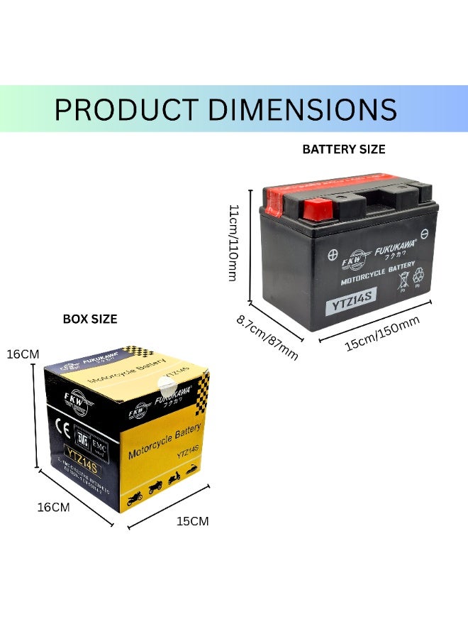 Fukukawa YTZ14S 12V 14Ah Motorcycle Battery with 6 Electrolyte Packs | User-Activated Lead Acid Battery 230 CCA | Reliable Compact Power for Motorcycles, Scooters, and ATVs - Image 2