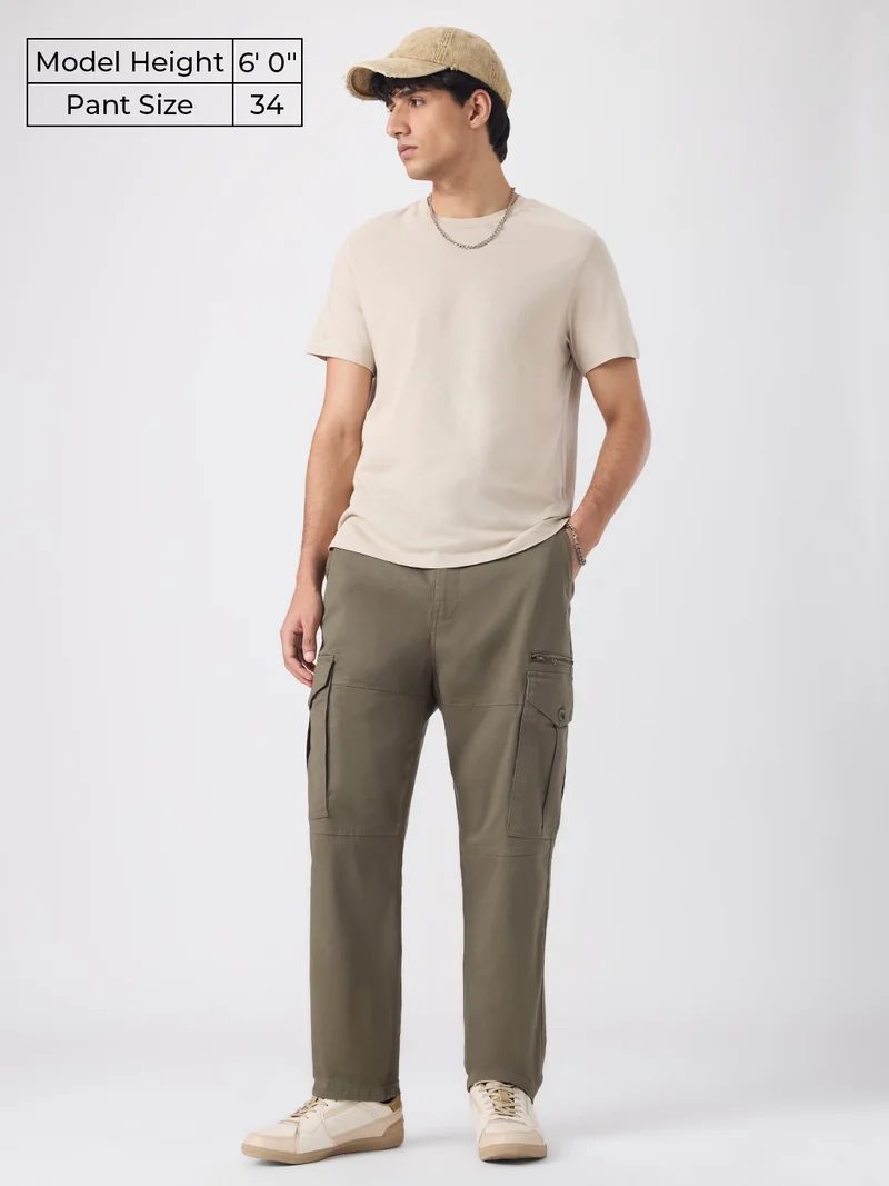 The Souled Store  Alpine Green: Men and Boys Elastic Waistband Dark Olive Green Solid Cotton Lycra Straight Fit Lightweight Stretchable Utility Cargo Pants  | Best Price UAE