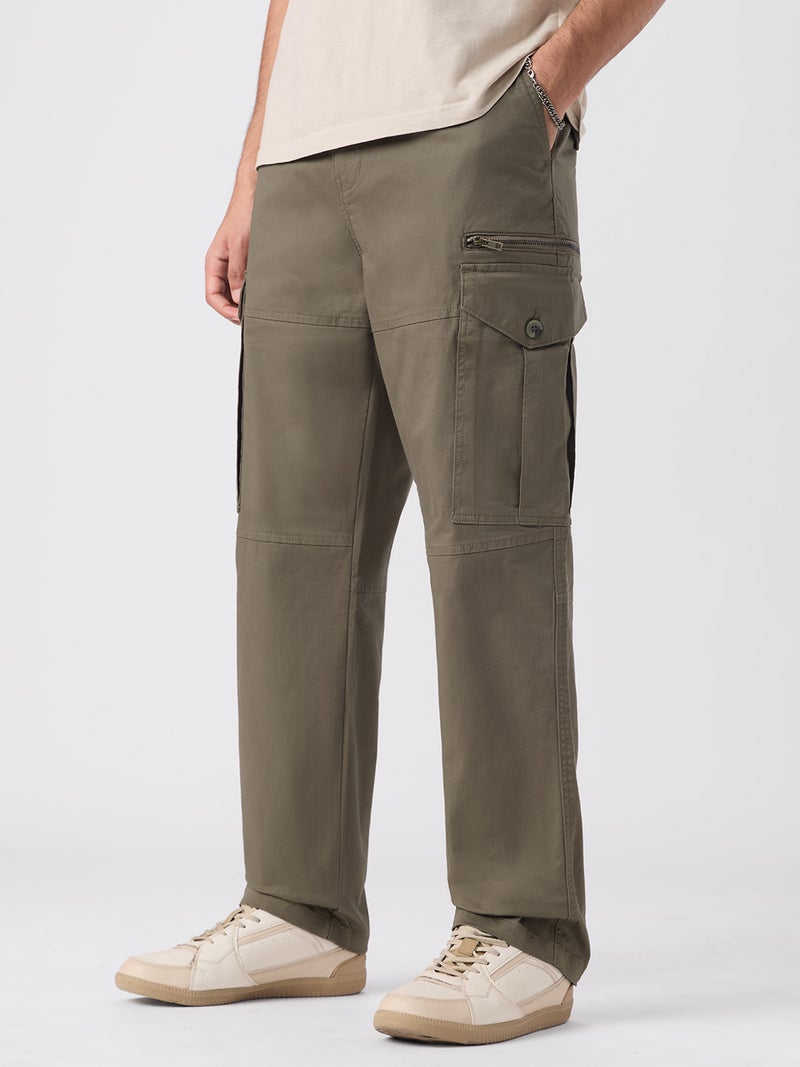 The Souled Store Alpine Green: Men and Boys Elastic Waistband Dark Olive Green Solid Cotton Lycra Straight Fit Lightweight Stretchable Utility Cargo Pants - Image 1