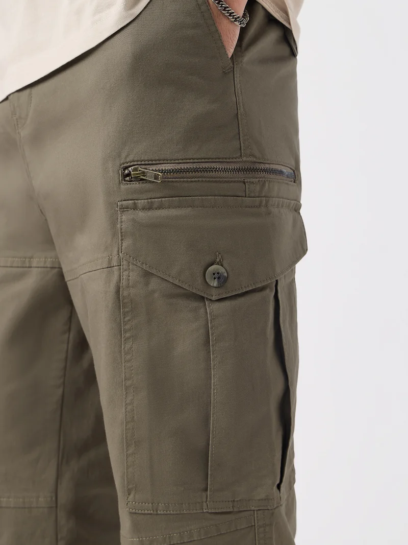 The Souled Store  Alpine Green: Men and Boys Elastic Waistband Dark Olive Green Solid Cotton Lycra Straight Fit Lightweight Stretchable Utility Cargo Pants  | Best Price UAE