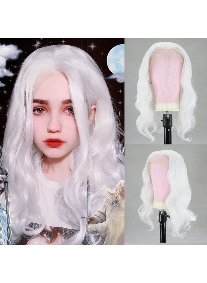 BTWTRY Short White Wig Loose Curly Wavy Lace Front Wigs Synthetic Hair Snow White Bob Wigs For Black Women Pre Plucked Natural Hairline With Baby Hair (White) - Image 2