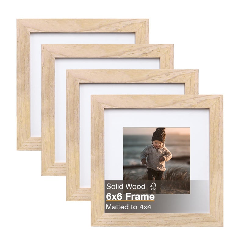 KINLINK 6x6 Picture Frame Natural Square Solid Wood Frames for Pictures 4x4 with Mat or 6x6 without Mat Wall and Tabletop Display Photo Frames Natural Wood 4 Pack