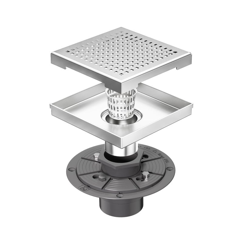 Neodrain 6Inch Square Shower Drain with Removable Quadrato Pattern Grate PVC Shower Drain Base and Rubber Gasket for Bathroom Floor Drain Brushed 304 Stainless Steel Includes Hair Strainer