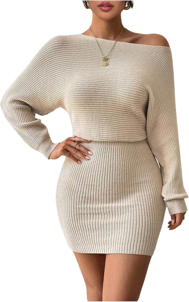 Women's Ribbed Off Shoulder Sweater Dress - Apricot - Image 1