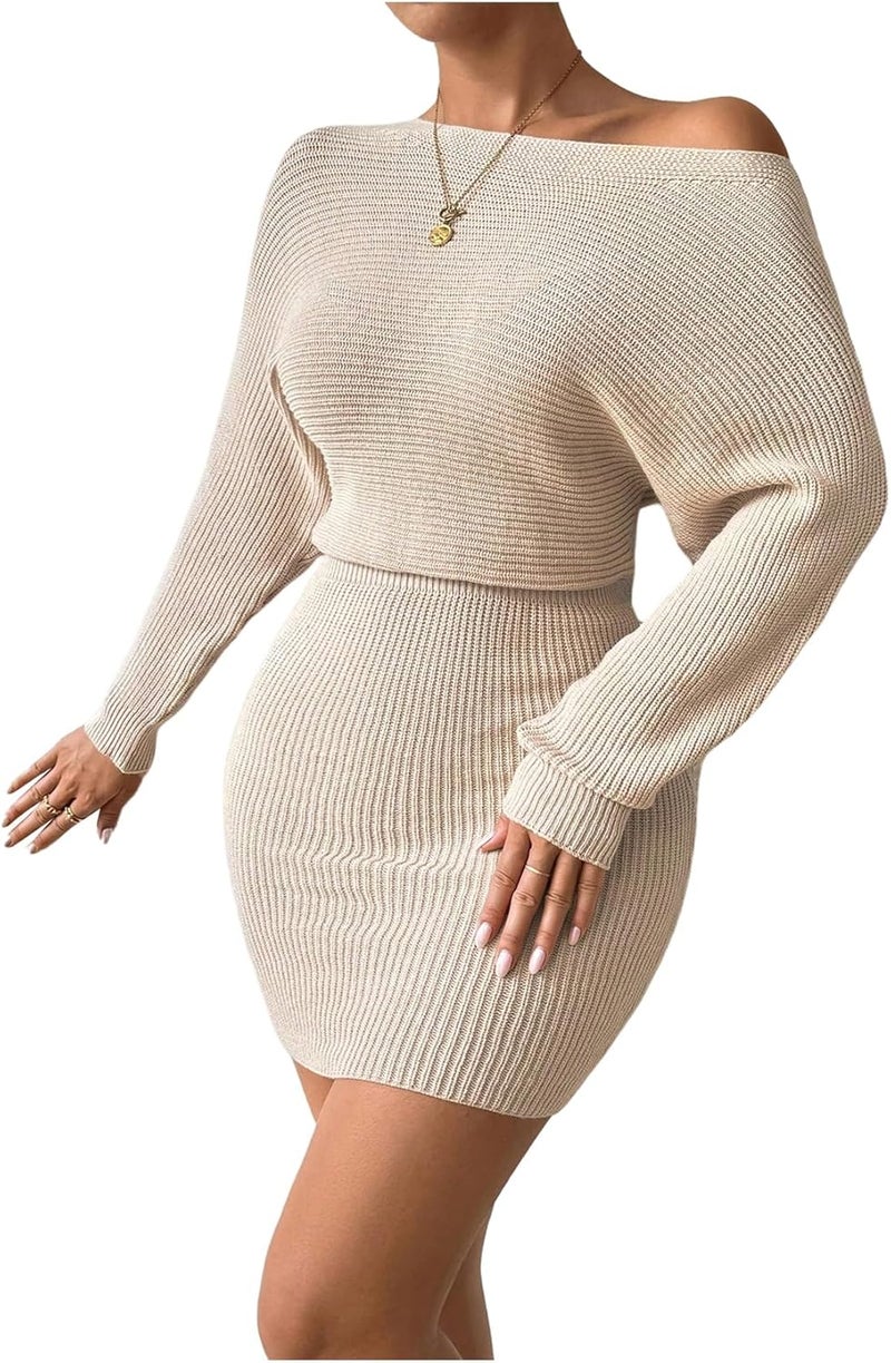 Women's Ribbed Off Shoulder Sweater Dress - Apricot - Image 2