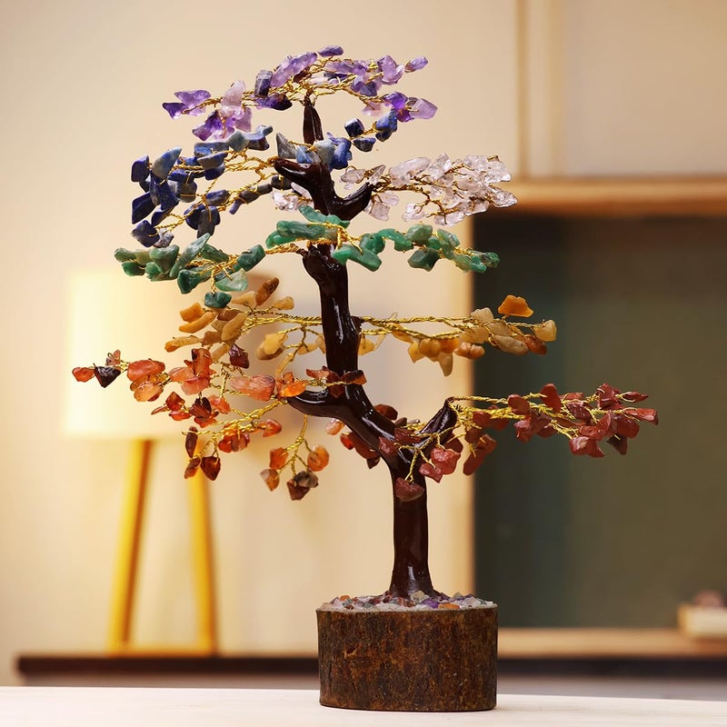 9Dzine 7 Chakra Crystal Tree for Home Decor 300 BeadsMSeal Handmade Gemstone Money Tree for Healing Positivity and Spiritual Dcor and Tree for Living Room Office Desk Hall Decor Gifting Purpose