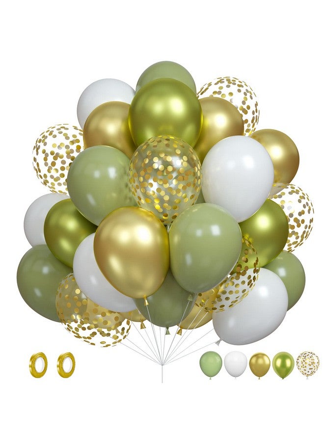 Biapian Green Gold Balloons Set, 60Pcs Sage Green White Balloons, 12Inch Retro White Latex Balloons Metallic Green Gold Helium Balloons Birthday Party Decoration For Birthday Wedding Baby Shower Supplies - Image 1