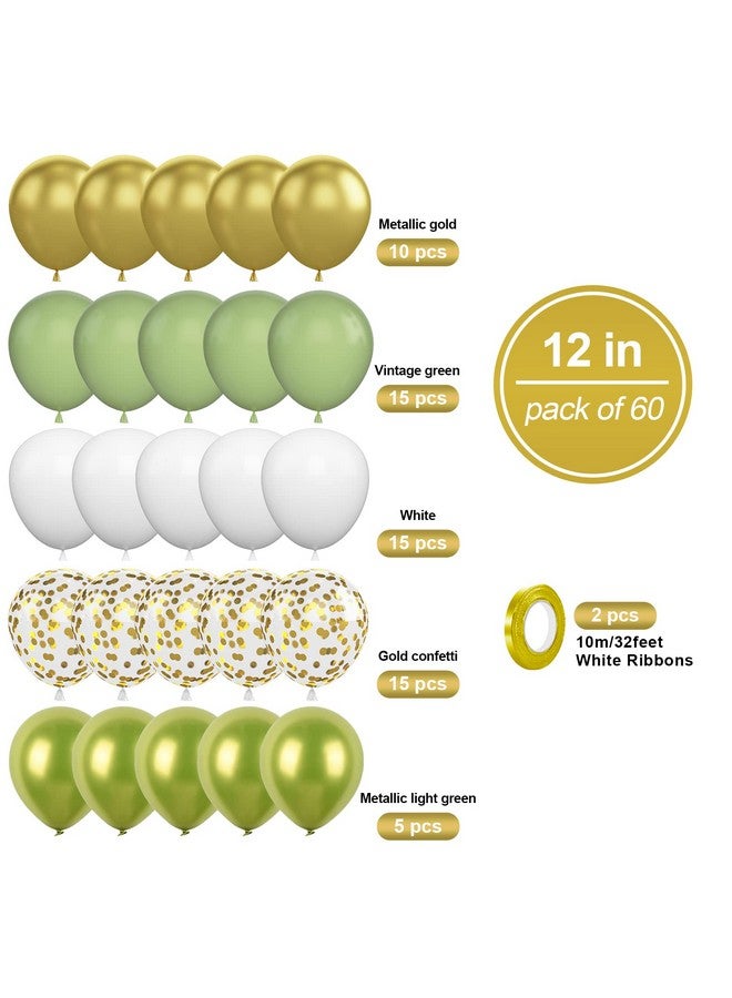 Biapian Green Gold Balloons Set, 60Pcs Sage Green White Balloons, 12Inch Retro White Latex Balloons Metallic Green Gold Helium Balloons Birthday Party Decoration For Birthday Wedding Baby Shower Supplies - Image 2
