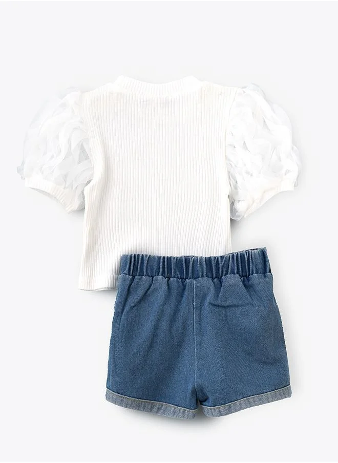 babyqlo Puff Sleeve T-shirt & Denim Shorts