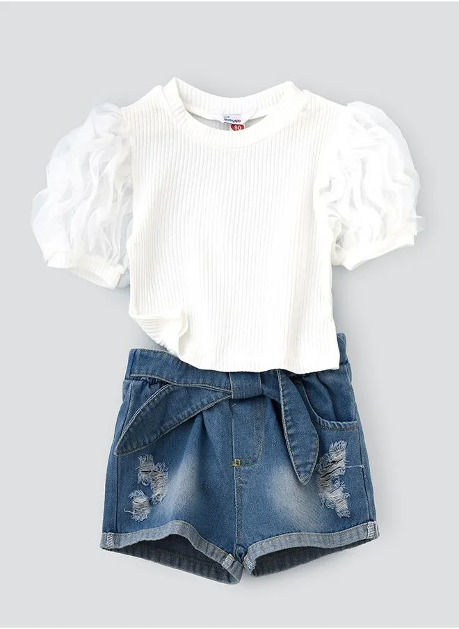 babyqlo Puff Sleeve T-shirt & Denim Shorts