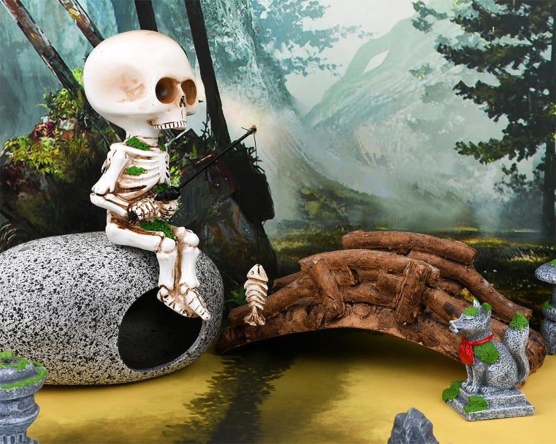 DS.DISTINCTIVE STYLE DS. DISTINCTIVE STYLE Style Fishing Skeleton Statue 4.5 Inch Mini Skull Figurines Halloween Gothic Decor Resin Cute Skull Fisher Sculpture for Outdoor Garden Pond Fountain Poolside - Image 2