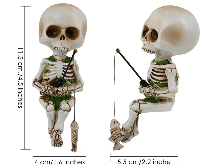 DS.DISTINCTIVE STYLE DS. DISTINCTIVE STYLE Style Fishing Skeleton Statue 4.5 Inch Mini Skull Figurines Halloween Gothic Decor Resin Cute Skull Fisher Sculpture for Outdoor Garden Pond Fountain Poolside - Image 3