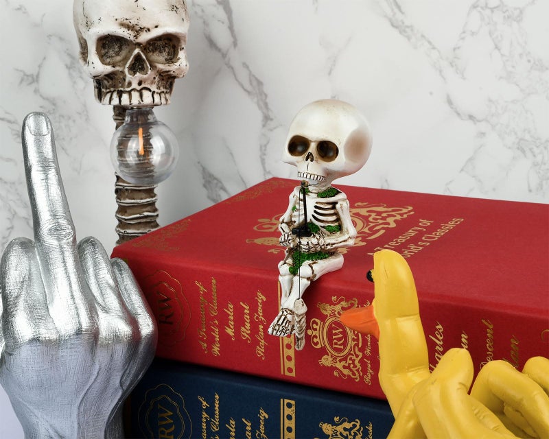 DS.DISTINCTIVE STYLE DS. DISTINCTIVE STYLE Style Fishing Skeleton Statue 4.5 Inch Mini Skull Figurines Halloween Gothic Decor Resin Cute Skull Fisher Sculpture for Outdoor Garden Pond Fountain Poolside - Image 4